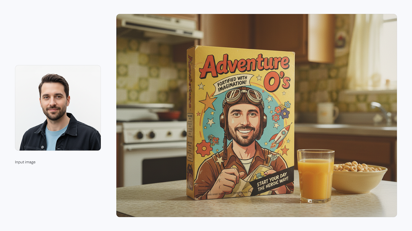 AI-generated image of: a side-by-side comparison. On the left is an input portrait of a smiling man. On the right, the generated output shows a fictional 1960s-style cereal box named 