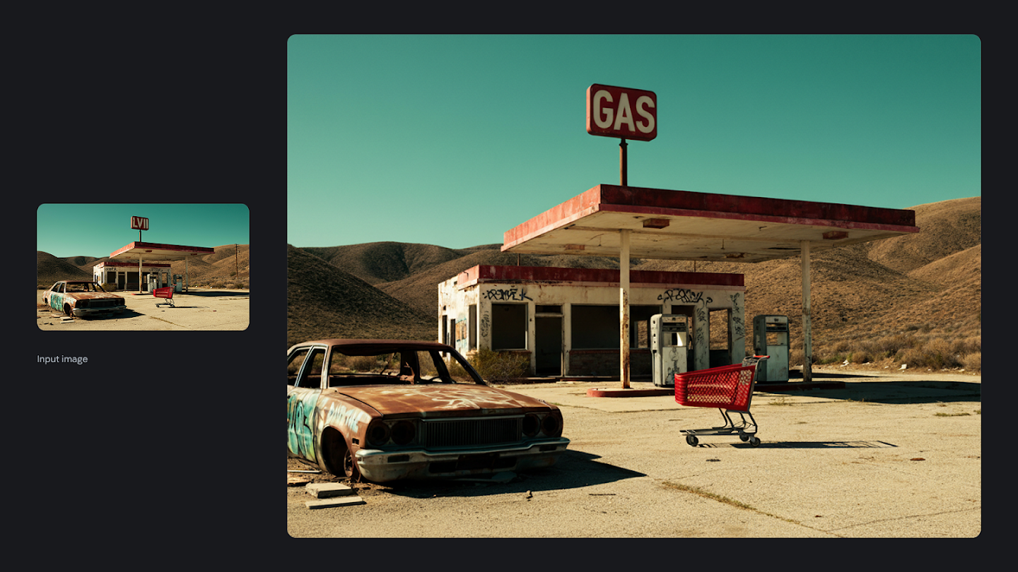 AI-generated image of: a side-by-side comparison showing image editing. On the left is a small input image of a dilapidated, abandoned gas station with a rusty car and a faded red sign. On the right, the edited, full-size image shows the environment made vibrant and clean, with a clear blue sky, but maintaining the distressed look of the gas station structure and the rusty car, and correcting the sign to clearly read 