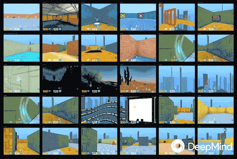 A selection of environments created as part of DMLab-30. They feature walls, pillars, and other obstacles.