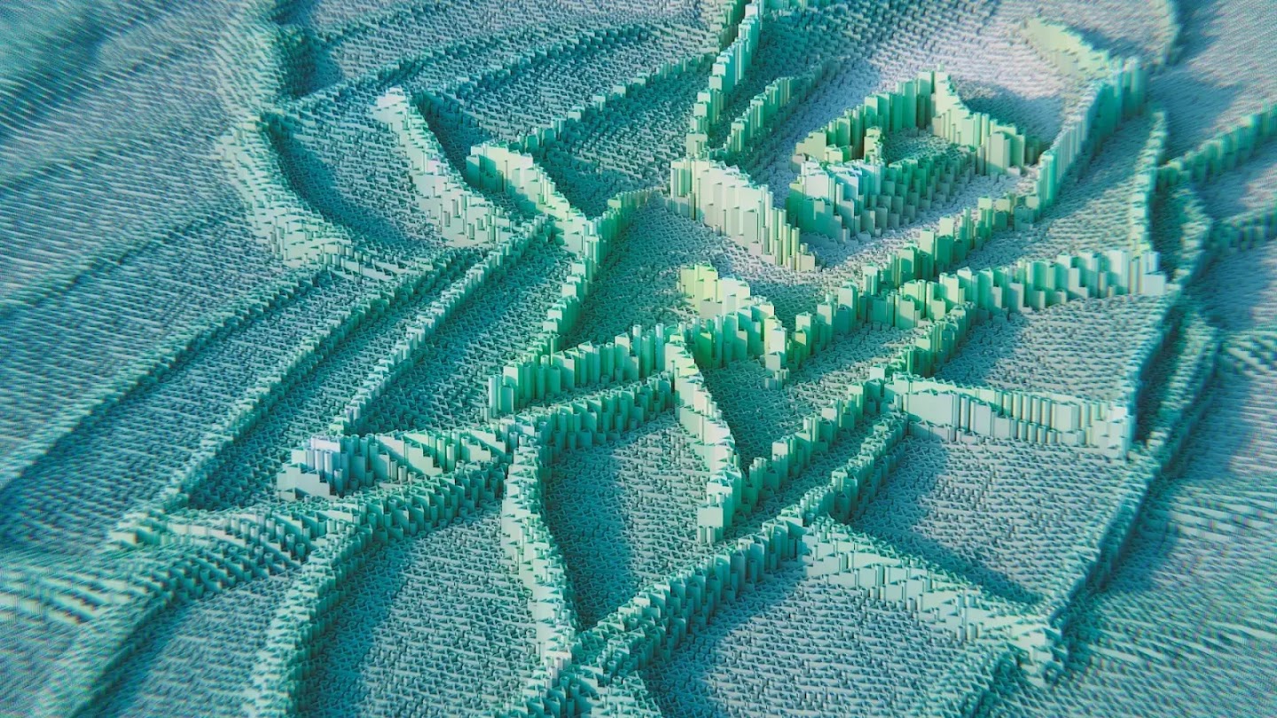 A 3D image of a landscape of tiny circular and triangular teal beads, some of which are elevated like bridges or buildings.