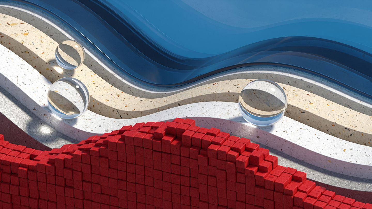 Abstract 3D header showing wavy layers of red cubes, speckled white stone, and smooth blue glass, topped with three clear spheres.
