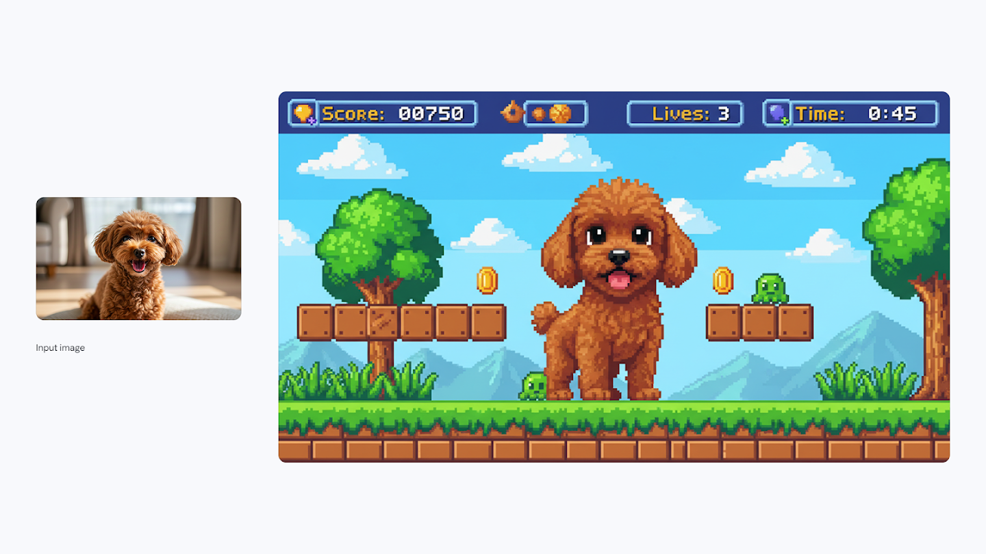 AI-generated image of: a side-by-side comparison showing style transfer. On the left is an input photo of a smiling brown toy poodle. On the right, the dog is recreated as a large, stylized 16-bit pixel art character within a 2D platform video game level, complete with score, lives, and timer display.