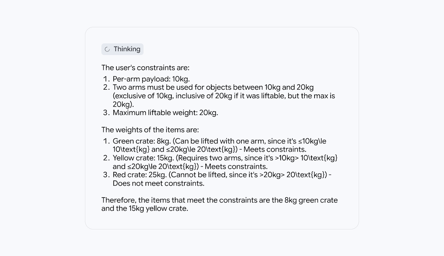 An AI's 'Thinking' process analyzing crate weights against robot constraints, determining that the 8kg and 15kg crates can be lifted, while the 25kg crate cannot.