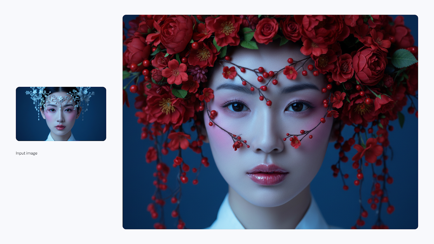 AI-generated image of: a side-by-side comparison. On the left is a small input image of a woman wearing a delicate silver and pearl headpiece. On the right, the edited image shows the same woman wearing a large, elaborate headpiece made of vibrant red flowers, berries, and branches extending onto her face.