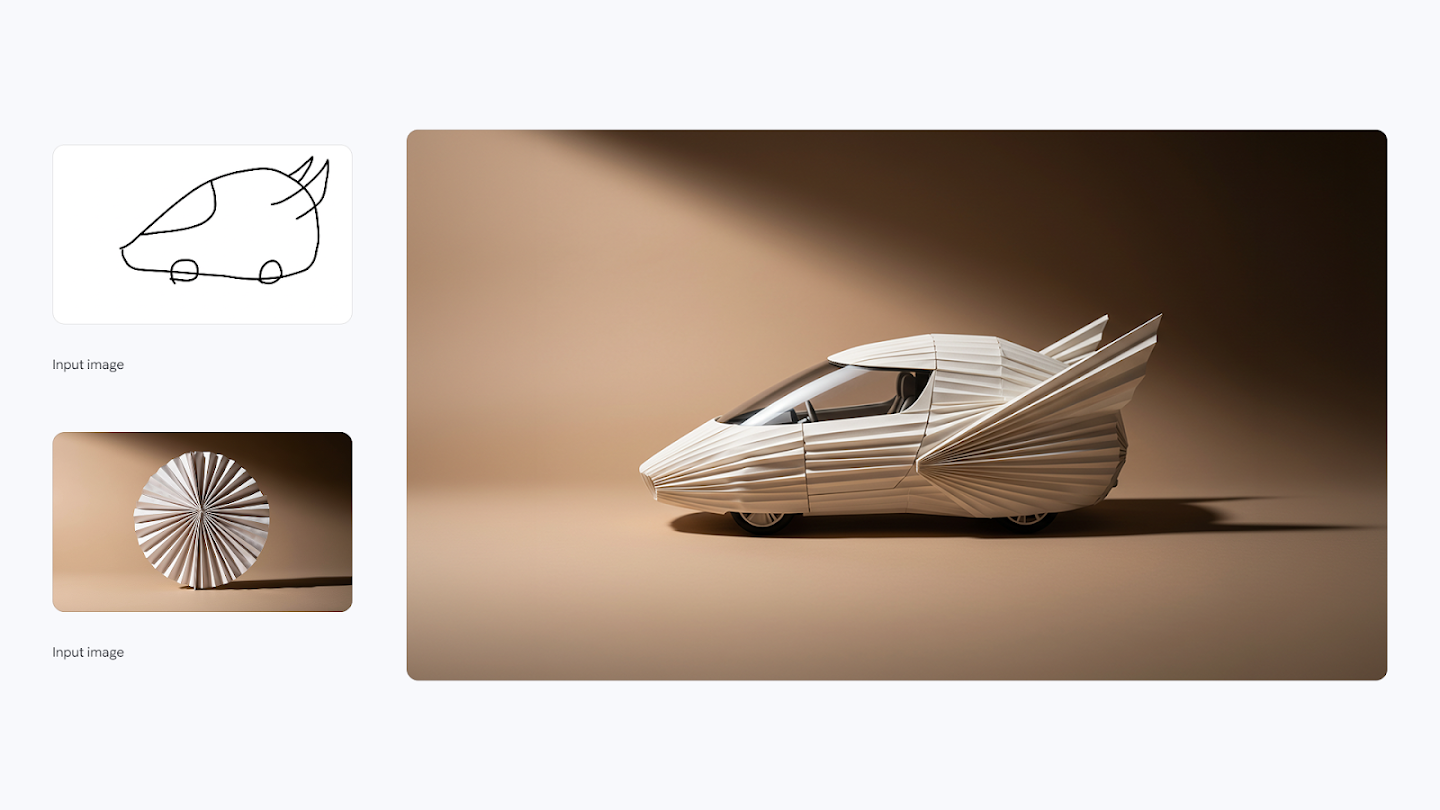 A conceptual design image showing a simple line drawing of a car and a photo of a pleated white paper fan being combined. The result is a high-quality 3D rendering of a futuristic vehicle that matches the sketch's shape but is texturally composed of folded white paper, resembling an origami car.