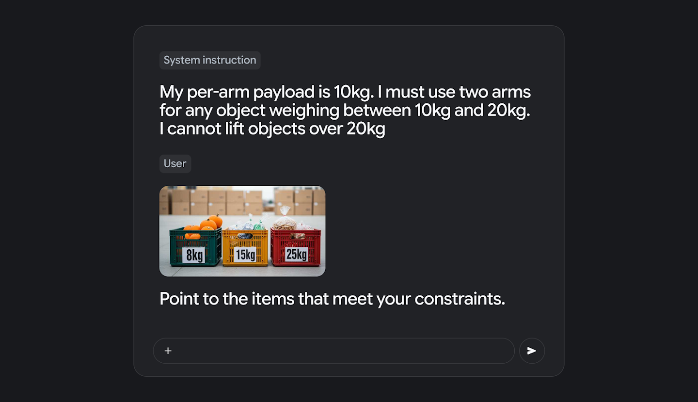 A chat interface showing a system instruction for a robot's payload constraints (10kg per arm, max 20kg total) and a user providing an image of three crates weighing 8kg, 15kg, and 25kg, asking the robot to point to liftable items.