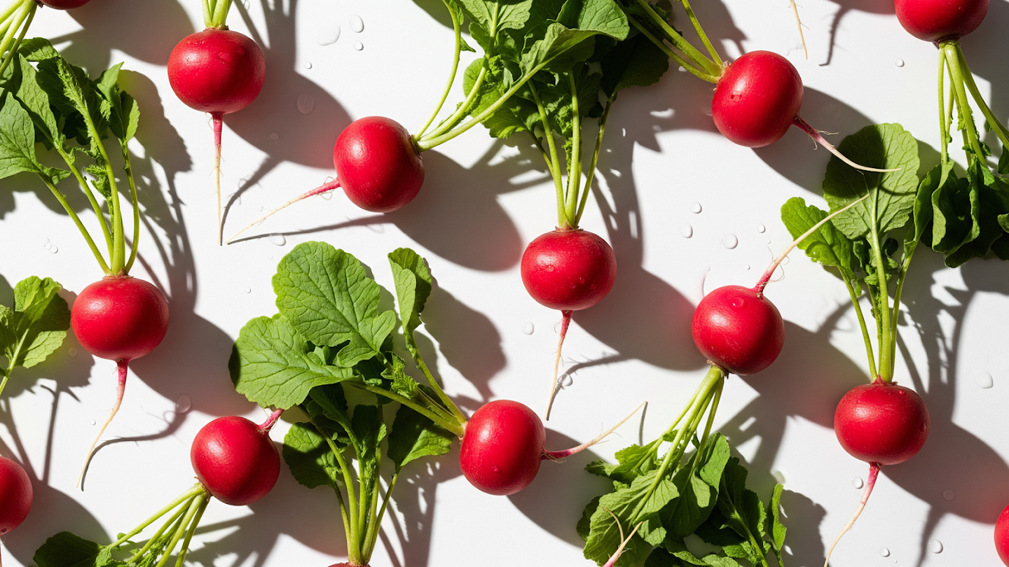 AI-generated image of: top-down view of red radishes on a white surface, emphasizing the smooth, waxy skin of the vegetable and the intricate vein structure of the green leaves