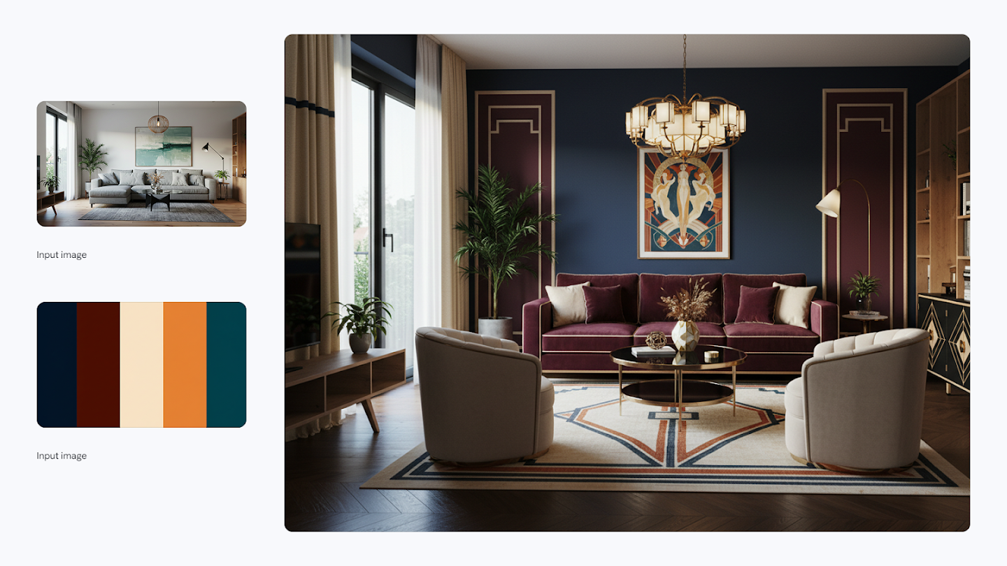 AI-generated image of: a side-by-side comparison showing a room restyling. On the left are an input image of a modern living room and a color palette swatch of dark blue, burgundy, orange, tan, and dark teal. On the right, the generated output shows the living room restyled in a nouveau antique Art Deco style, featuring rich burgundy velvet upholstery, dark blue walls with maroon trim, and patterned rug, all following the provided color palette.