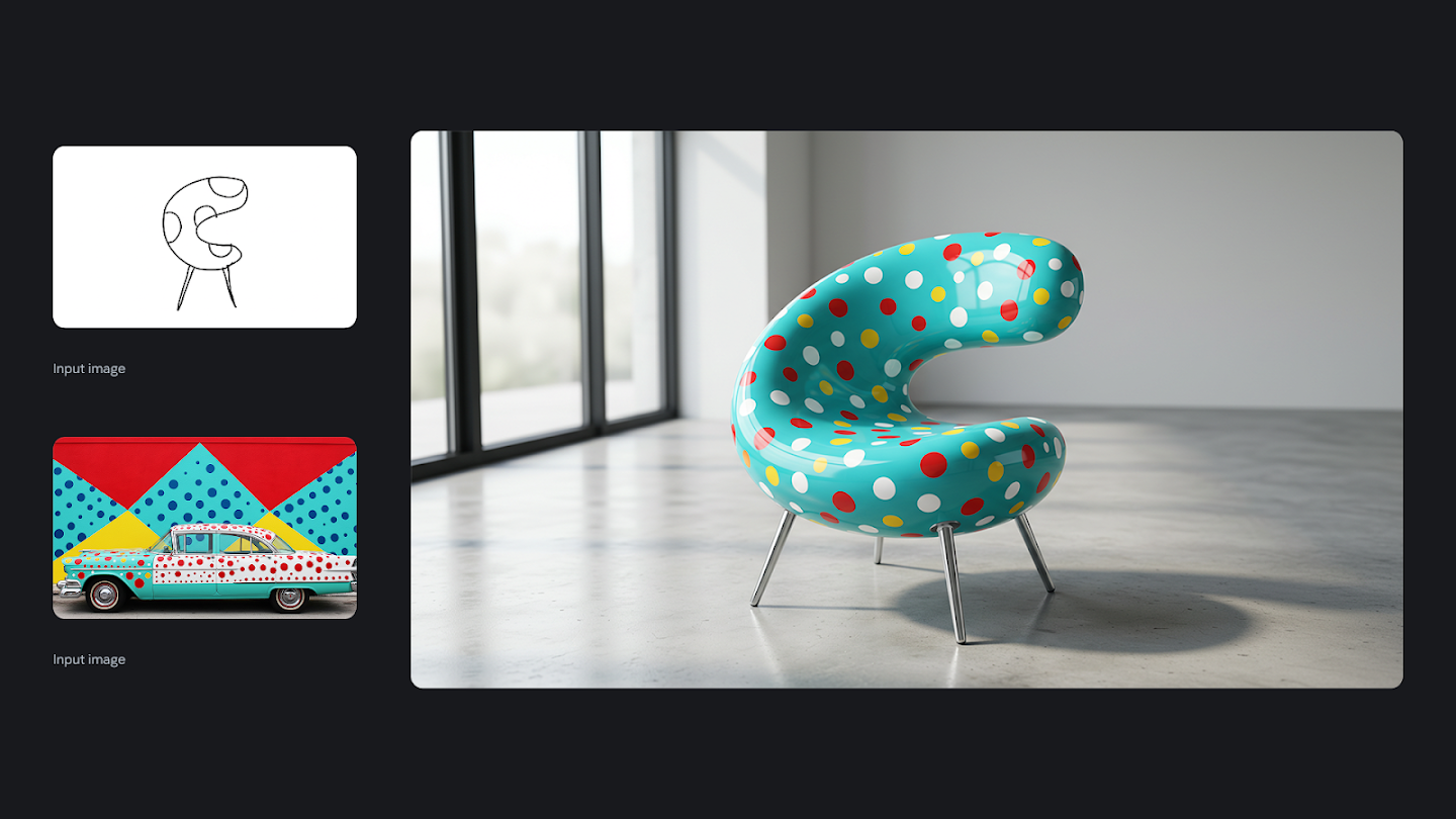 A design process image where a line sketch of a curved chair is combined with a reference photo of a colorful polka-dotted vintage car. The output is a photorealistic 3D rendering of the chair, which now features the glossy, bright blue, red, and yellow polka dot pattern from the car, placed in a modern minimal interior.