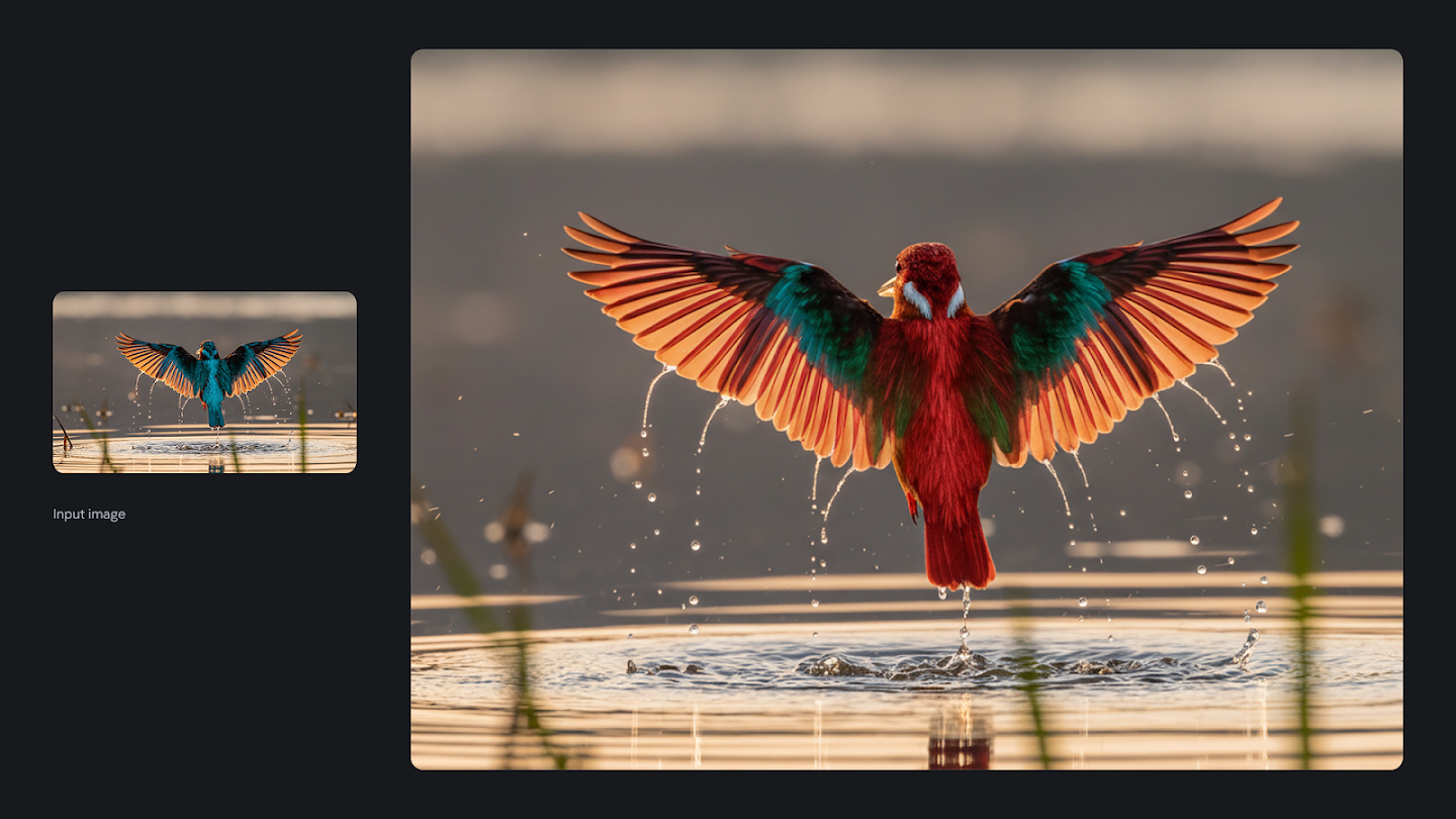 AI-generated image of: a side-by-side comparison showing image editing. On the left is a small input image of a blue and green bird taking off from water, wings spread. On the right, the edited, full-size image shows the same bird in the same action, but its primary body and wing feather colors are vividly changed to red with hints of emerald green.