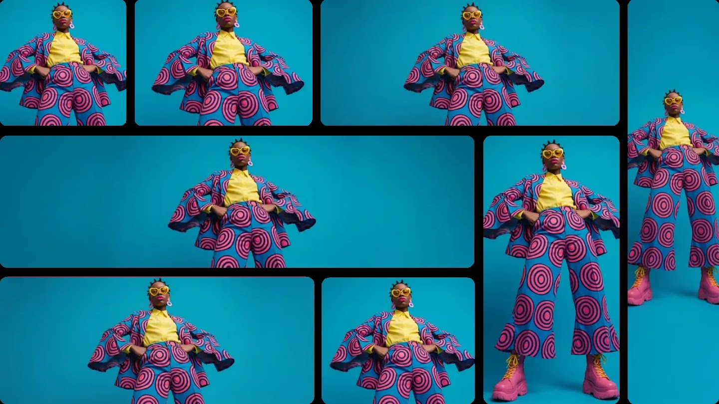 A grid of photos in several aspect ratios showing a person in a vibrant blue and pink patterned suit and yellow sunglasses.