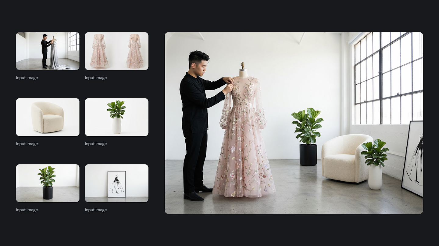 A demonstration of AI scene composition. The left side displays six isolated 'input images': a man working on a dress, a pink floral gown, a cream armchair, two potted plants, and a framed sketch. The right side shows a photorealistic studio scene where the man is adjusting the gown on a mannequin, with the furniture and decor items perfectly integrated into the bright, minimalist background.